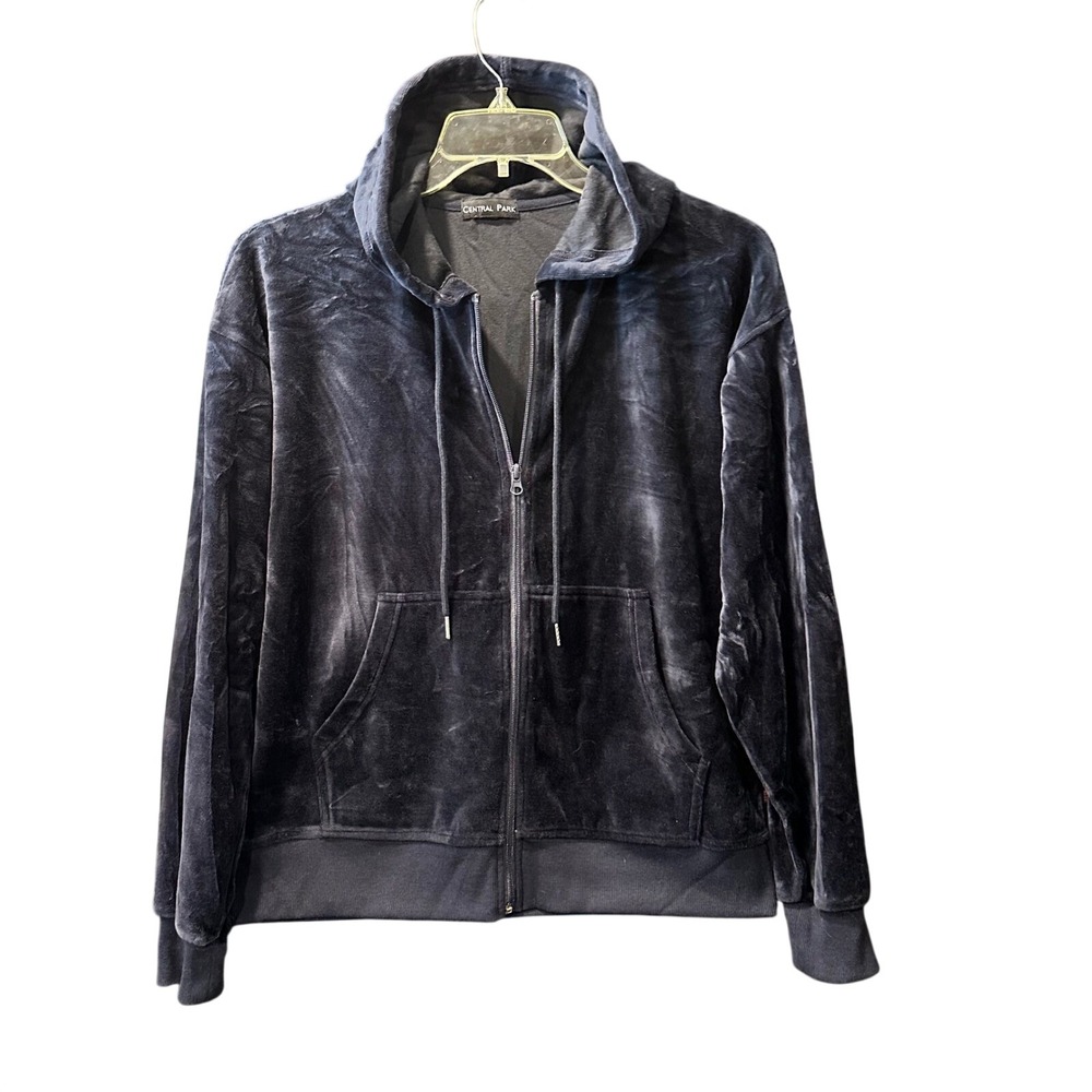 Central Park West Navy Blue Velour Zip Up Hoodie Sweatshirt M Casual Streetwear
